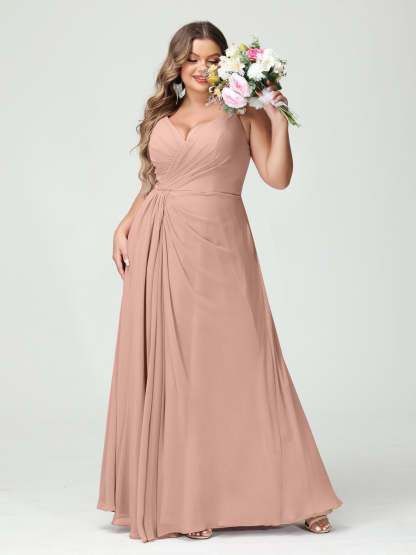 Plus Size Chiffon Bridesmaid Dress with Spaghetti Straps, A-Line Princess Cut, Sleeveless with Pockets and Side Split-BMbridal.UK