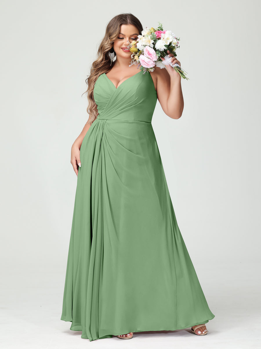 Plus Size Chiffon Bridesmaid Dress with Spaghetti Straps, A-Line Princess Cut, Sleeveless with Pockets and Side Split-BMbridal.UK