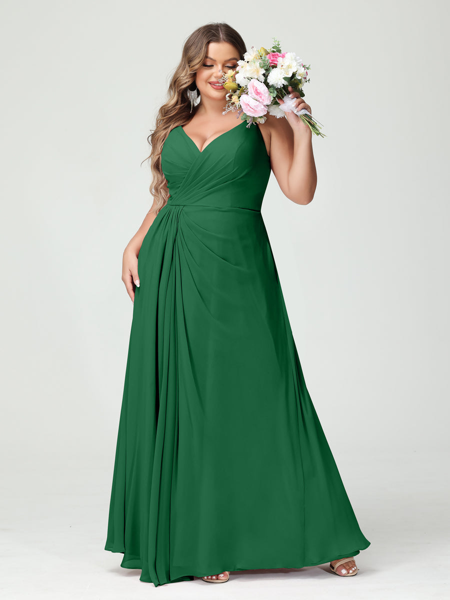 Plus Size Chiffon Bridesmaid Dress with Spaghetti Straps, A-Line Princess Cut, Sleeveless with Pockets and Side Split-BMbridal.UK