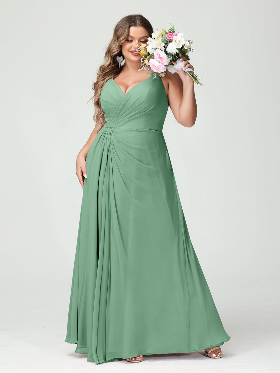 Plus Size Chiffon Bridesmaid Dress with Spaghetti Straps, A-Line Princess Cut, Sleeveless with Pockets and Side Split-BMbridal.UK