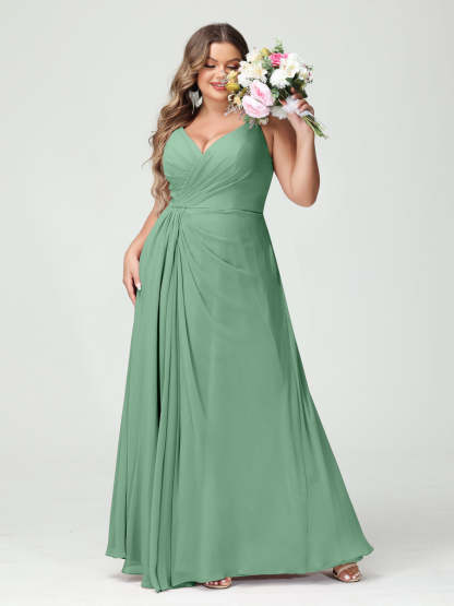 Plus Size Chiffon Bridesmaid Dress with Spaghetti Straps, A-Line Princess Cut, Sleeveless with Pockets and Side Split-BMbridal.UK