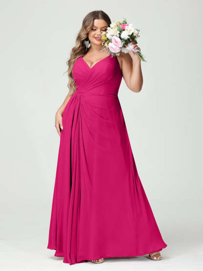 Plus Size Chiffon Bridesmaid Dress with Spaghetti Straps, A-Line Princess Cut, Sleeveless with Pockets and Side Split-BMbridal.UK
