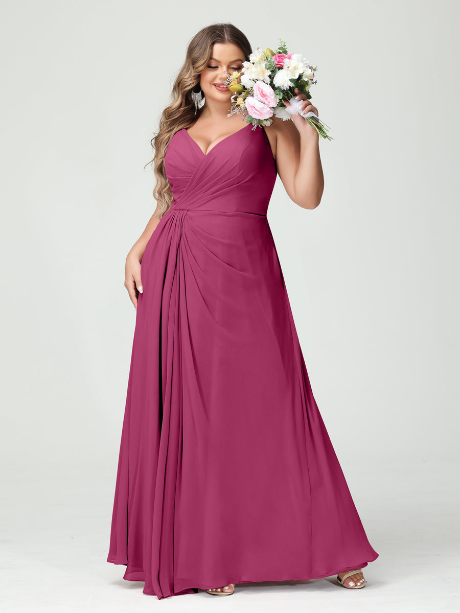 Plus Size Chiffon Bridesmaid Dress with Spaghetti Straps, A-Line Princess Cut, Sleeveless with Pockets and Side Split-BMbridal.UK