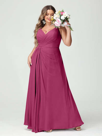 Plus Size Chiffon Bridesmaid Dress with Spaghetti Straps, A-Line Princess Cut, Sleeveless with Pockets and Side Split-BMbridal.UK