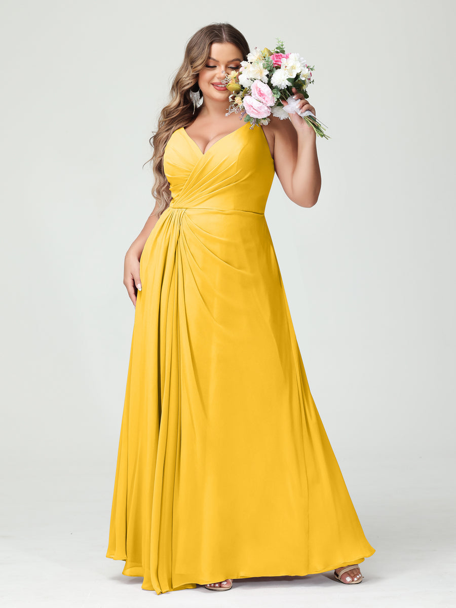 Plus Size Chiffon Bridesmaid Dress with Spaghetti Straps, A-Line Princess Cut, Sleeveless with Pockets and Side Split-BMbridal.UK