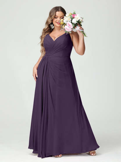 Plus Size Chiffon Bridesmaid Dress with Spaghetti Straps, A-Line Princess Cut, Sleeveless with Pockets and Side Split-BMbridal.UK