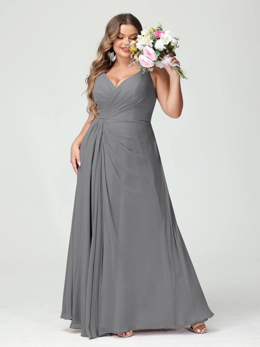 Plus Size Chiffon Bridesmaid Dress with Spaghetti Straps, A-Line Princess Cut, Sleeveless with Pockets and Side Split-BMbridal.UK