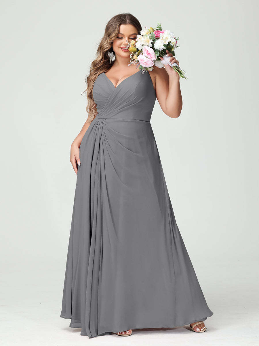 Plus Size Chiffon Bridesmaid Dress with Spaghetti Straps, A-Line Princess Cut, Sleeveless with Pockets and Side Split-BMbridal.UK
