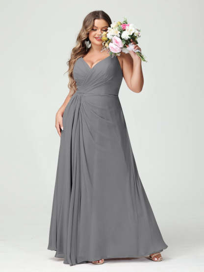Plus Size Chiffon Bridesmaid Dress with Spaghetti Straps, A-Line Princess Cut, Sleeveless with Pockets and Side Split-BMbridal.UK