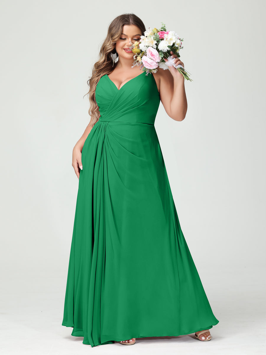 Plus Size Chiffon Bridesmaid Dress with Spaghetti Straps, A-Line Princess Cut, Sleeveless with Pockets and Side Split-BMbridal.UK