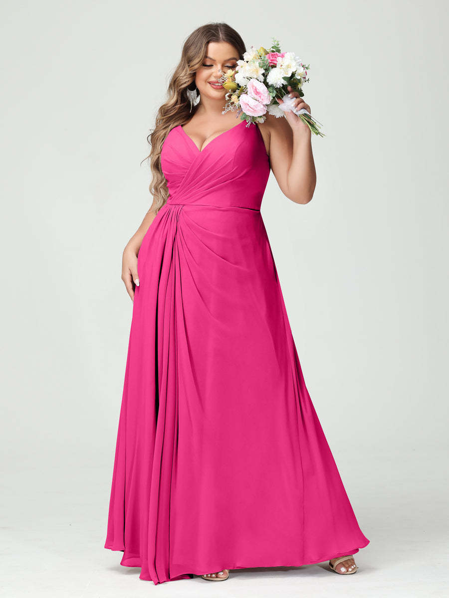 Plus Size Chiffon Bridesmaid Dress with Spaghetti Straps, A-Line Princess Cut, Sleeveless with Pockets and Side Split-BMbridal.UK