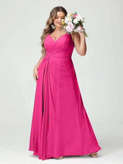 Plus Size Chiffon Bridesmaid Dress with Spaghetti Straps, A-Line Princess Cut, Sleeveless with Pockets and Side Split-BMbridal.UK
