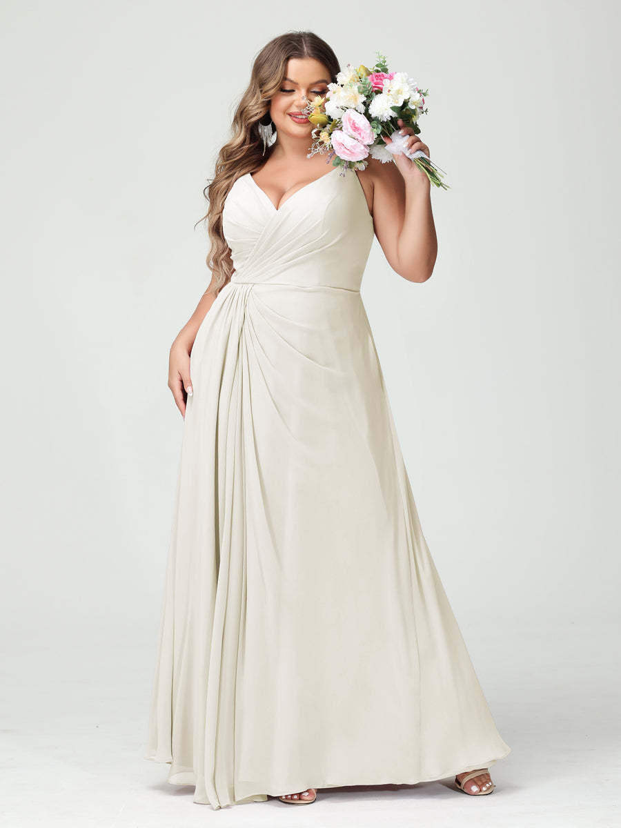 Plus Size Chiffon Bridesmaid Dress with Spaghetti Straps, A-Line Princess Cut, Sleeveless with Pockets and Side Split-BMbridal.UK