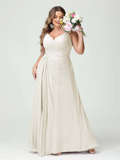 Plus Size Chiffon Bridesmaid Dress with Spaghetti Straps, A-Line Princess Cut, Sleeveless with Pockets and Side Split-BMbridal.UK