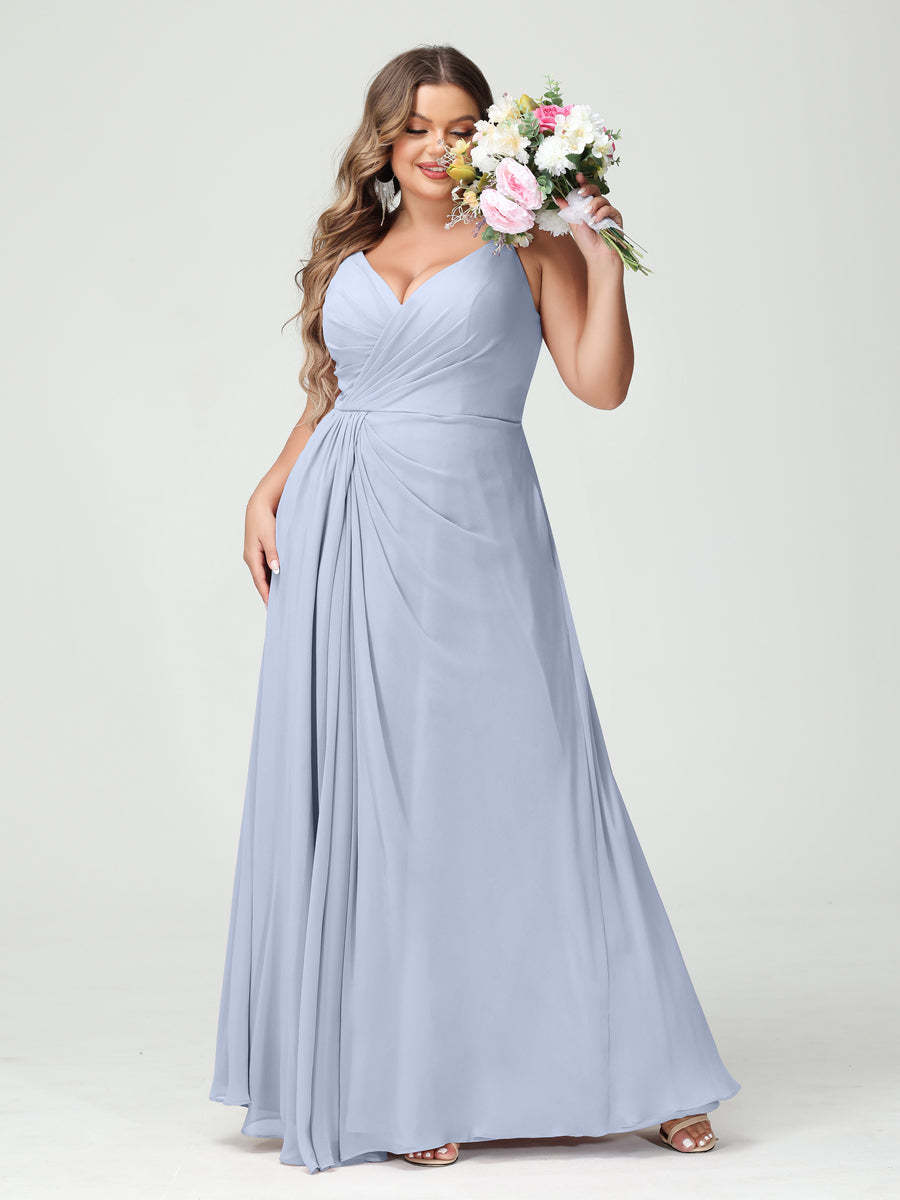 Plus Size Chiffon Bridesmaid Dress with Spaghetti Straps, A-Line Princess Cut, Sleeveless with Pockets and Side Split-BMbridal.UK