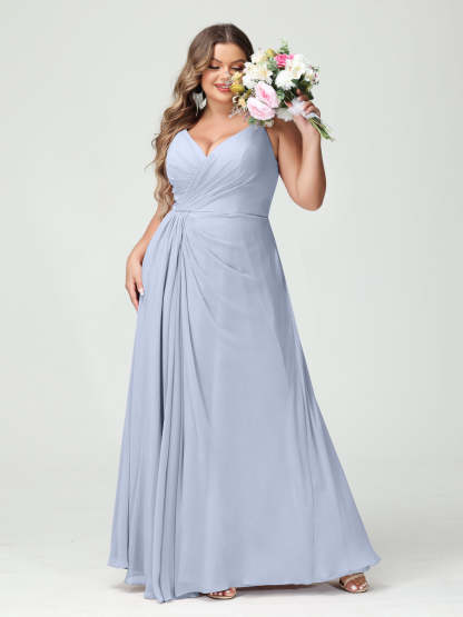 Plus Size Chiffon Bridesmaid Dress with Spaghetti Straps, A-Line Princess Cut, Sleeveless with Pockets and Side Split-BMbridal.UK