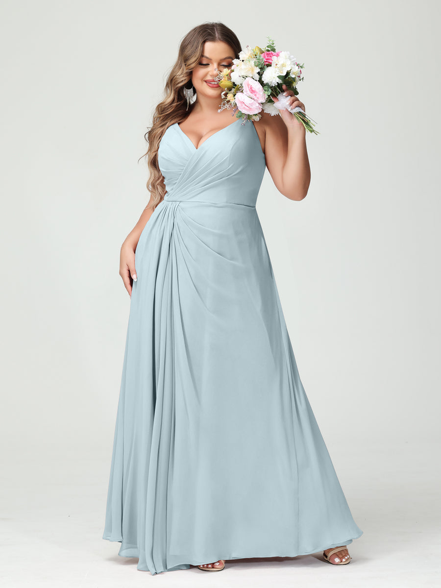 Plus Size Chiffon Bridesmaid Dress with Spaghetti Straps, A-Line Princess Cut, Sleeveless with Pockets and Side Split-BMbridal.UK