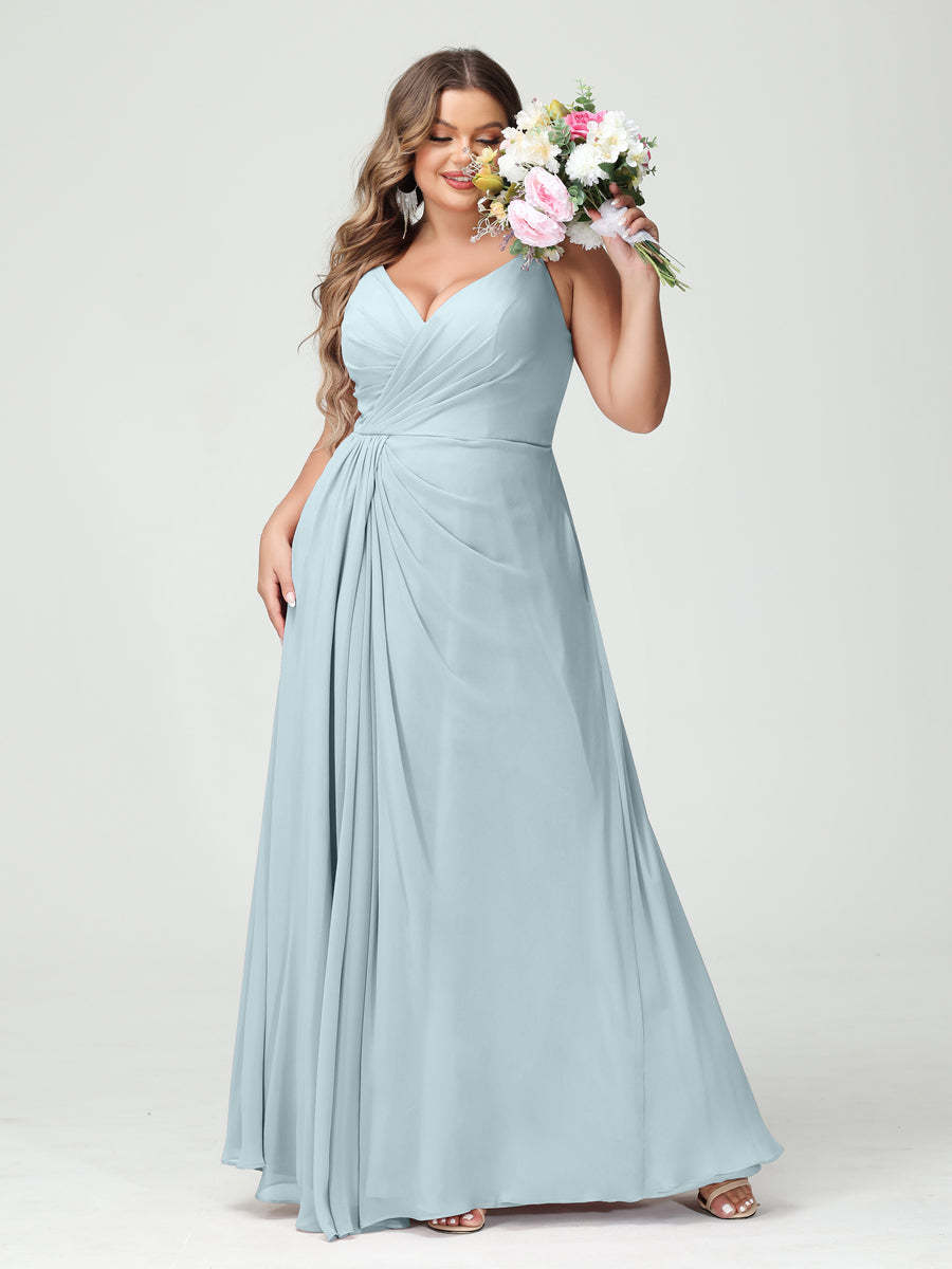 Plus Size Chiffon Bridesmaid Dress with Spaghetti Straps, A-Line Princess Cut, Sleeveless with Pockets and Side Split-BMbridal.UK