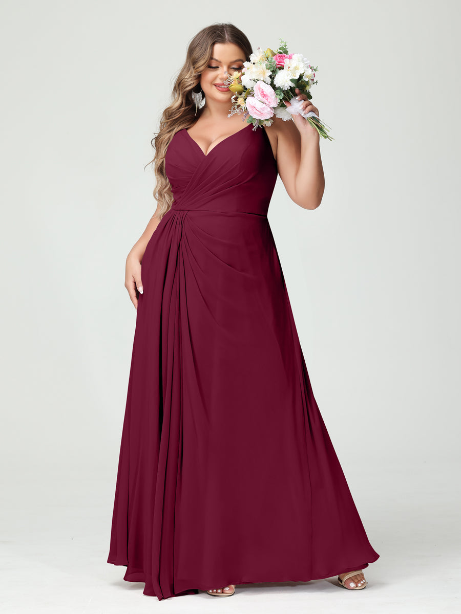 Plus Size Chiffon Bridesmaid Dress with Spaghetti Straps, A-Line Princess Cut, Sleeveless with Pockets and Side Split-BMbridal.UK