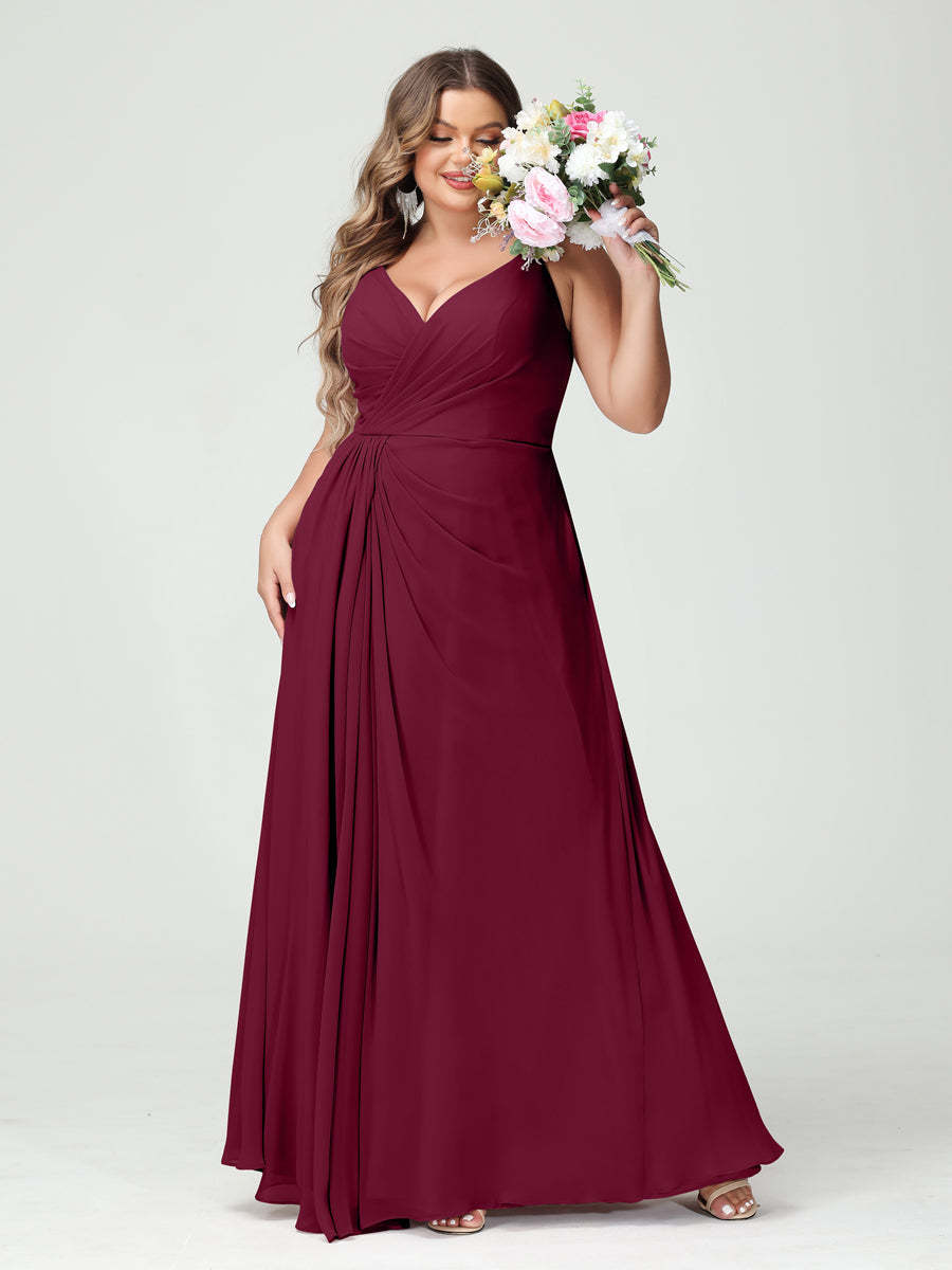 Plus Size Chiffon Bridesmaid Dress with Spaghetti Straps, A-Line Princess Cut, Sleeveless with Pockets and Side Split-BMbridal.UK