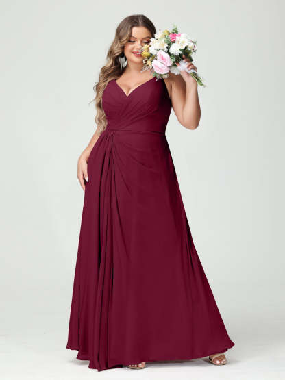 Plus Size Chiffon Bridesmaid Dress with Spaghetti Straps, A-Line Princess Cut, Sleeveless with Pockets and Side Split-BMbridal.UK