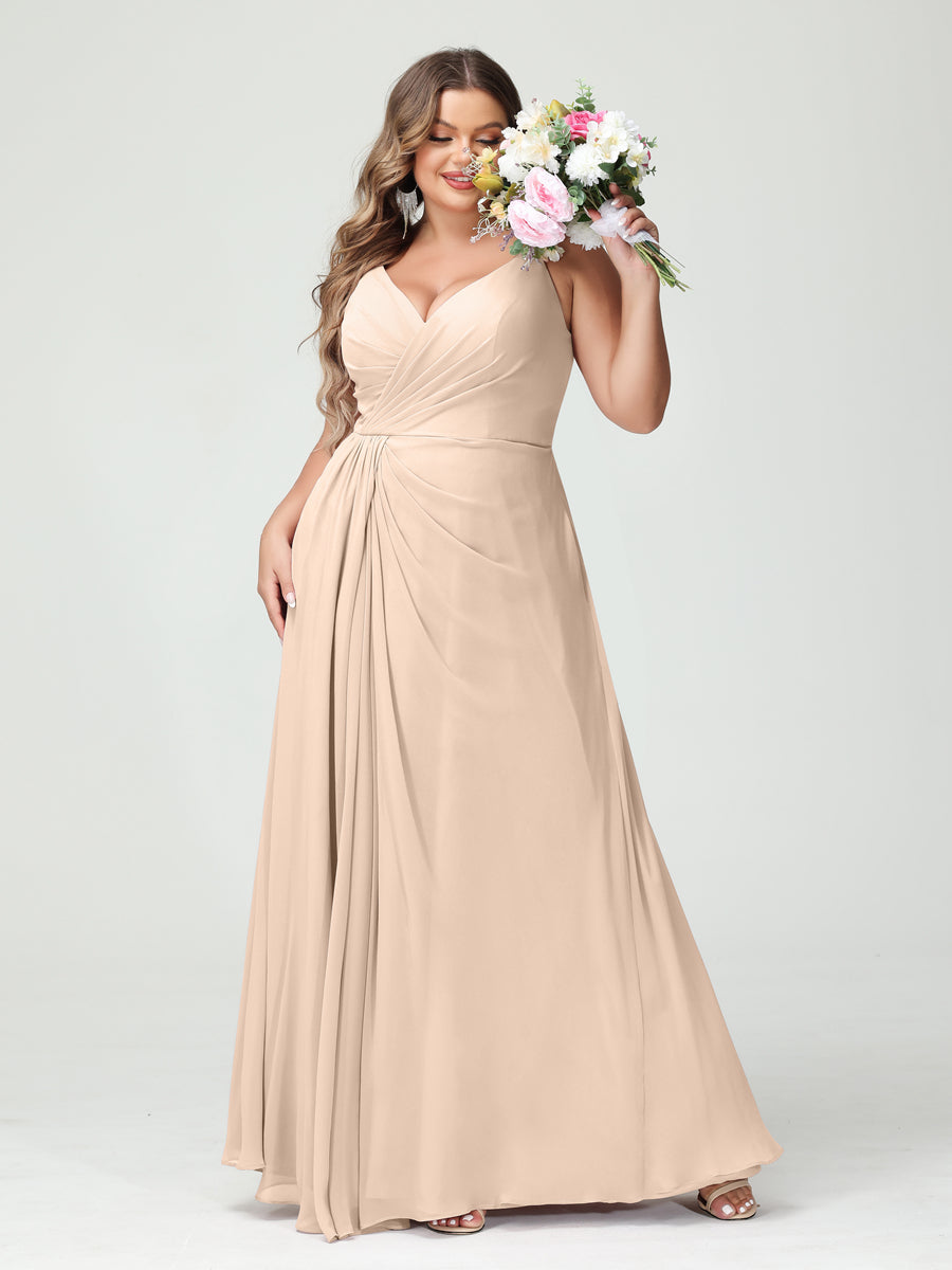 Plus Size Chiffon Bridesmaid Dress with Spaghetti Straps, A-Line Princess Cut, Sleeveless with Pockets and Side Split-BMbridal.UK