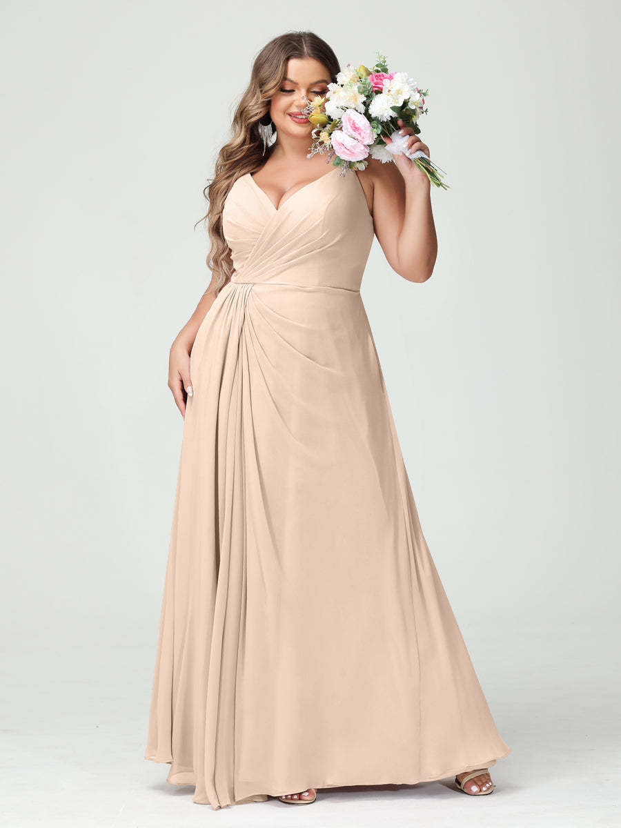 Plus Size Chiffon Bridesmaid Dress with Spaghetti Straps, A-Line Princess Cut, Sleeveless with Pockets and Side Split-BMbridal.UK