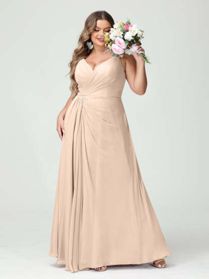Plus Size Chiffon Bridesmaid Dress with Spaghetti Straps, A-Line Princess Cut, Sleeveless with Pockets and Side Split-BMbridal.UK
