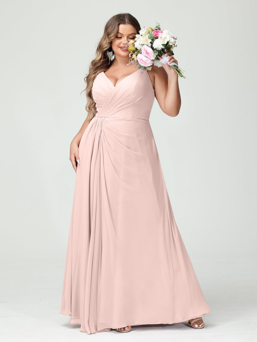 Plus Size Chiffon Bridesmaid Dress with Spaghetti Straps, A-Line Princess Cut, Sleeveless with Pockets and Side Split-BMbridal.UK