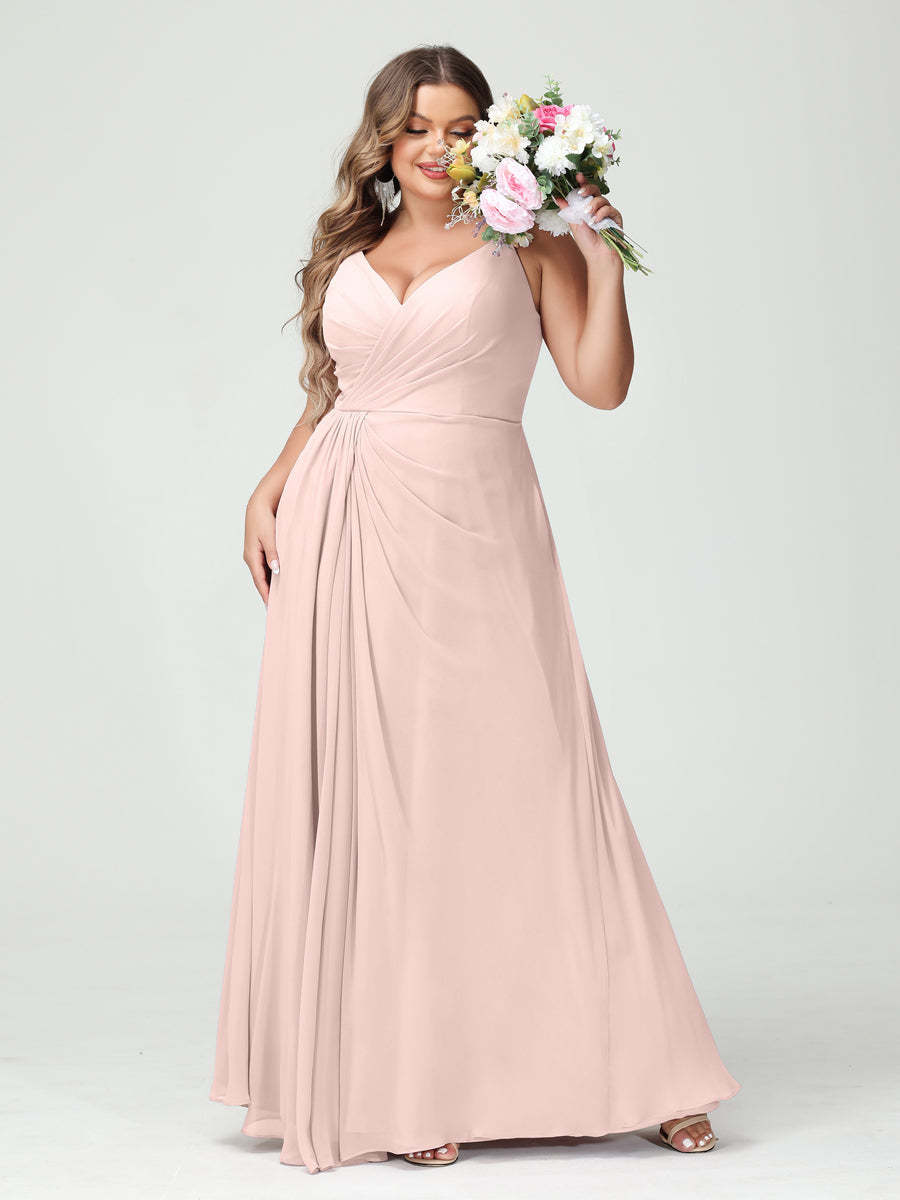 Plus Size Chiffon Bridesmaid Dress with Spaghetti Straps, A-Line Princess Cut, Sleeveless with Pockets and Side Split-BMbridal.UK