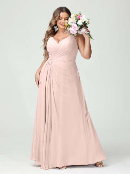 Plus Size Chiffon Bridesmaid Dress with Spaghetti Straps, A-Line Princess Cut, Sleeveless with Pockets and Side Split-BMbridal.UK