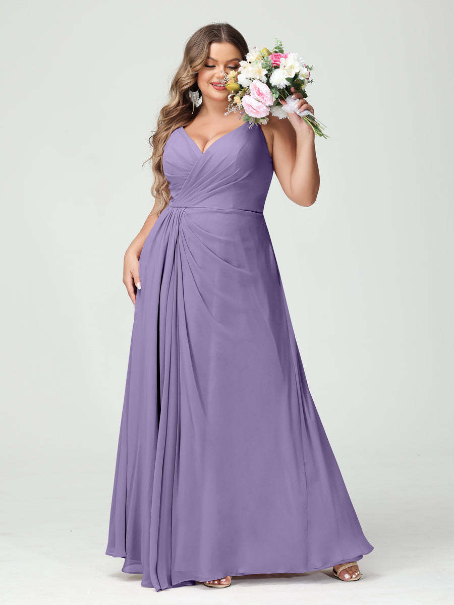 Plus Size Chiffon Bridesmaid Dress with Spaghetti Straps, A-Line Princess Cut, Sleeveless with Pockets and Side Split-BMbridal.UK