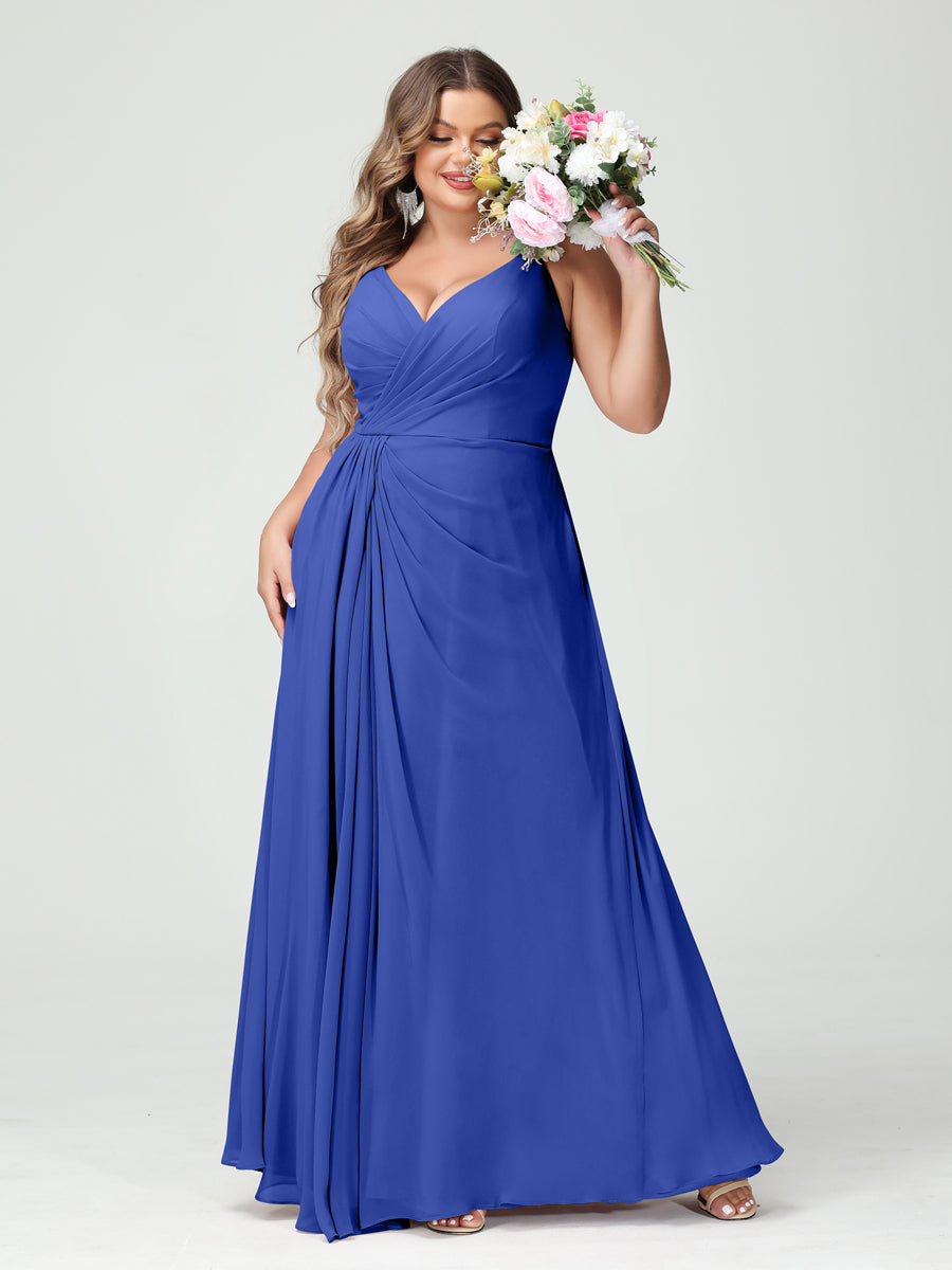 Plus Size Chiffon Bridesmaid Dress with Spaghetti Straps, A-Line Princess Cut, Sleeveless with Pockets and Side Split-BMbridal.UK