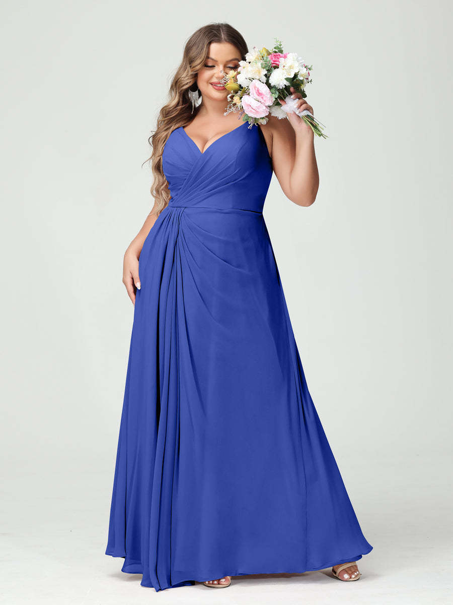 Plus Size Chiffon Bridesmaid Dress with Spaghetti Straps, A-Line Princess Cut, Sleeveless with Pockets and Side Split-BMbridal.UK