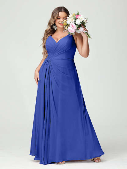 Plus Size Chiffon Bridesmaid Dress with Spaghetti Straps, A-Line Princess Cut, Sleeveless with Pockets and Side Split-BMbridal.UK