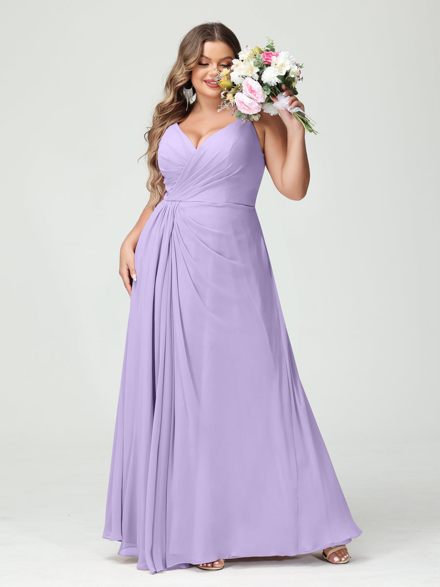 Plus Size Chiffon Bridesmaid Dress with Spaghetti Straps, A-Line Princess Cut, Sleeveless with Pockets and Side Split-BMbridal.UK