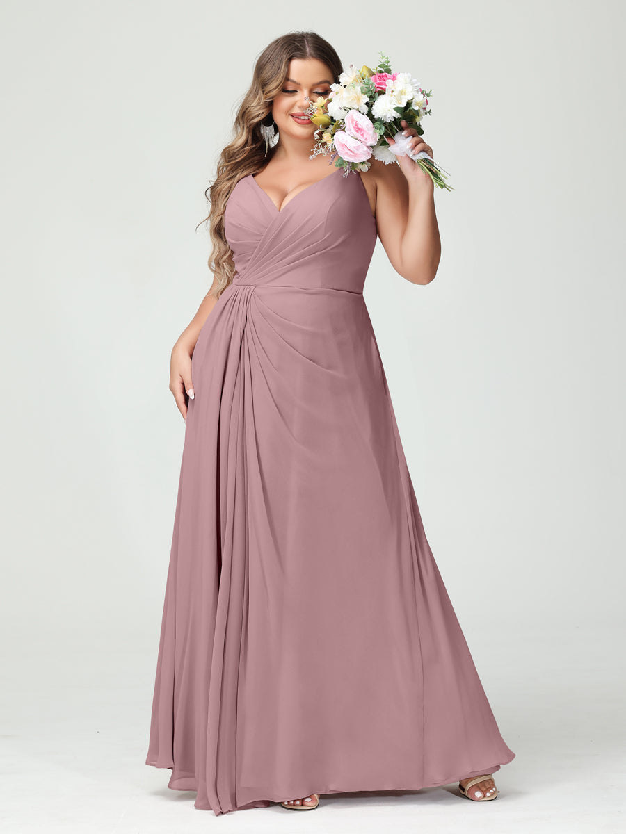 Plus Size Chiffon Bridesmaid Dress with Spaghetti Straps, A-Line Princess Cut, Sleeveless with Pockets and Side Split-BMbridal.UK