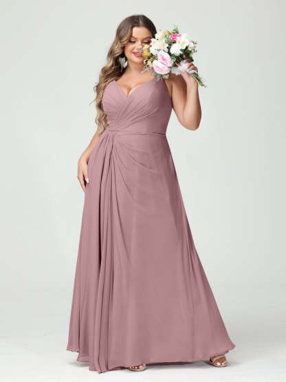 Plus Size Chiffon Bridesmaid Dress with Spaghetti Straps, A-Line Princess Cut, Sleeveless with Pockets and Side Split-BMbridal.UK
