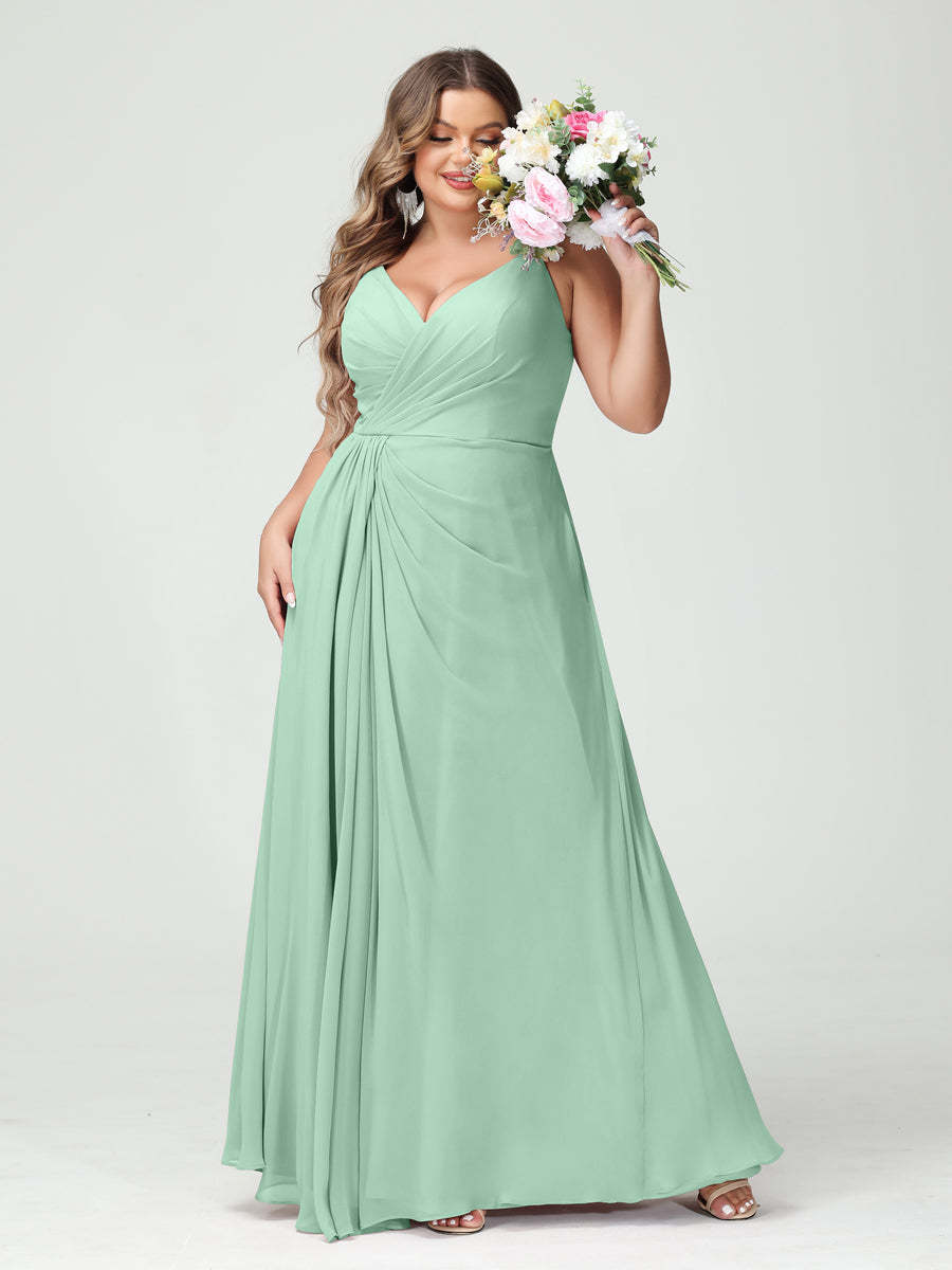 Plus Size Chiffon Bridesmaid Dress with Spaghetti Straps, A-Line Princess Cut, Sleeveless with Pockets and Side Split-BMbridal.UK