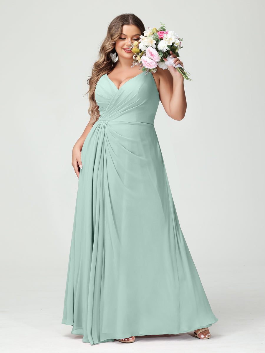 Plus Size Chiffon Bridesmaid Dress with Spaghetti Straps, A-Line Princess Cut, Sleeveless with Pockets and Side Split-BMbridal.UK