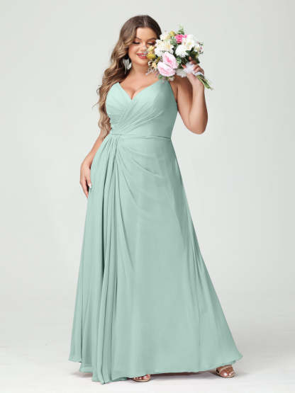 Plus Size Chiffon Bridesmaid Dress with Spaghetti Straps, A-Line Princess Cut, Sleeveless with Pockets and Side Split-BMbridal.UK
