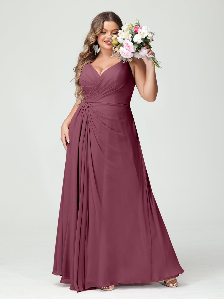 Plus Size Chiffon Bridesmaid Dress with Spaghetti Straps, A-Line Princess Cut, Sleeveless with Pockets and Side Split-BMbridal.UK