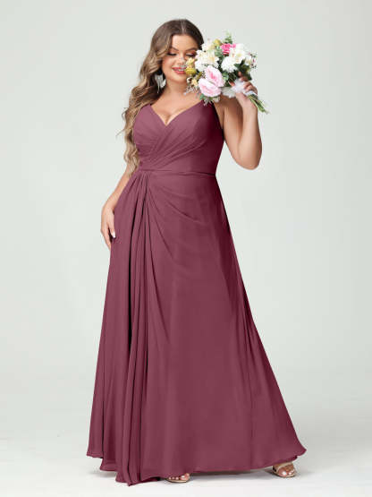Plus Size Chiffon Bridesmaid Dress with Spaghetti Straps, A-Line Princess Cut, Sleeveless with Pockets and Side Split-BMbridal.UK