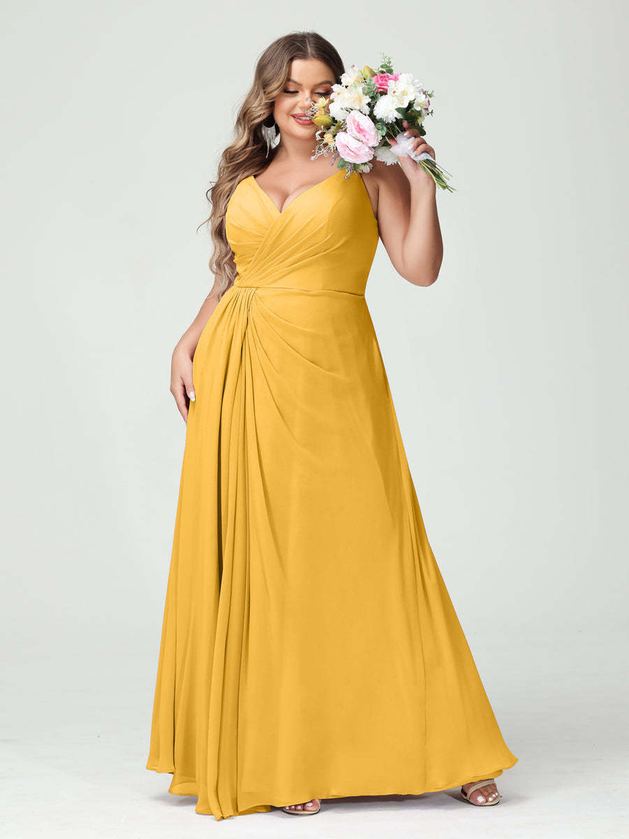 Plus Size Chiffon Bridesmaid Dress with Spaghetti Straps, A-Line Princess Cut, Sleeveless with Pockets and Side Split-BMbridal.UK