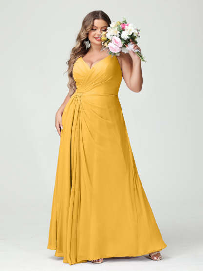 Plus Size Chiffon Bridesmaid Dress with Spaghetti Straps, A-Line Princess Cut, Sleeveless with Pockets and Side Split-BMbridal.UK