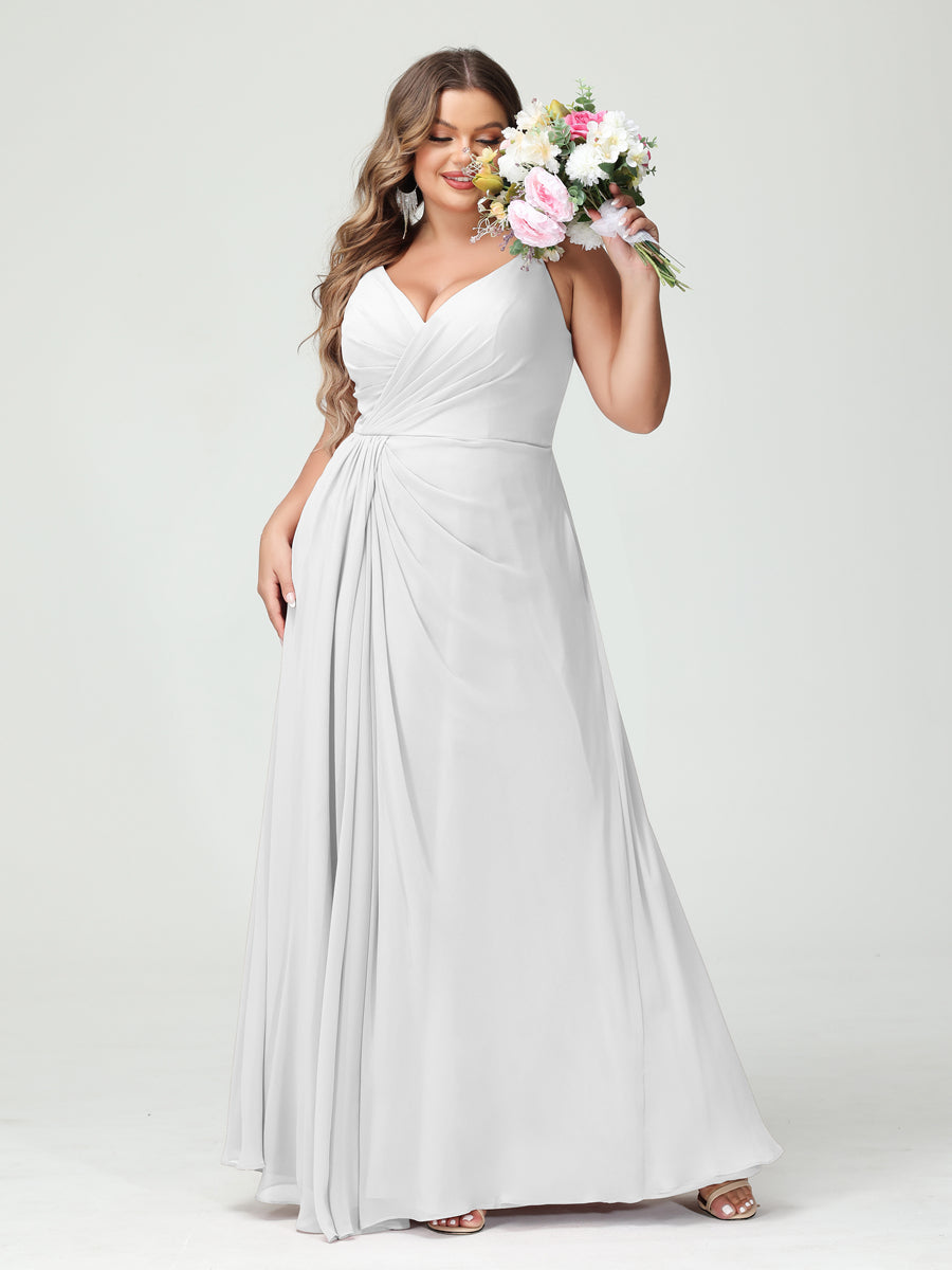 Plus Size Chiffon Bridesmaid Dress with Spaghetti Straps, A-Line Princess Cut, Sleeveless with Pockets and Side Split-BMbridal.UK