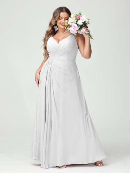 Plus Size Chiffon Bridesmaid Dress with Spaghetti Straps, A-Line Princess Cut, Sleeveless with Pockets and Side Split-BMbridal.UK