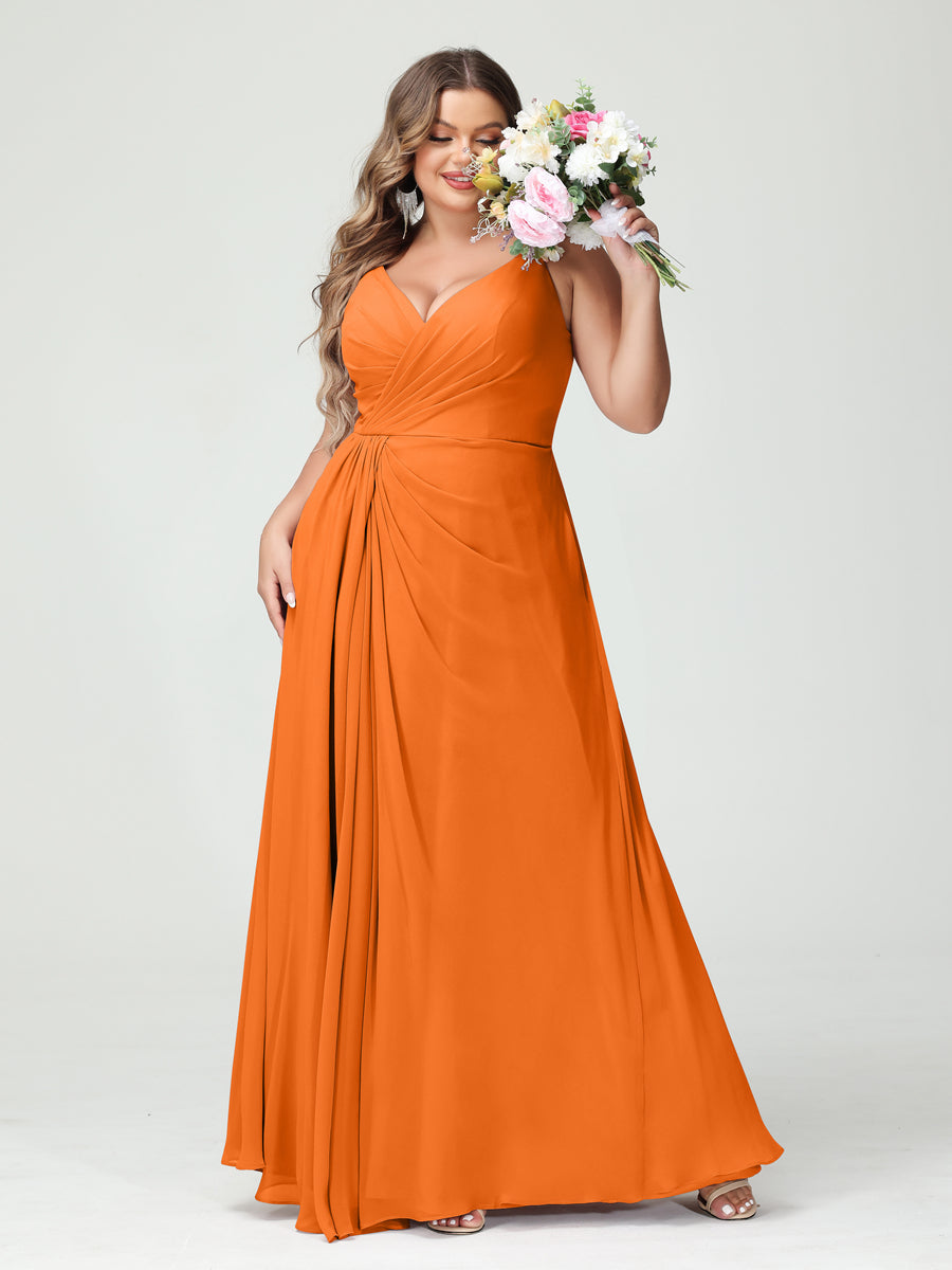 Plus Size Chiffon Bridesmaid Dress with Spaghetti Straps, A-Line Princess Cut, Sleeveless with Pockets and Side Split-BMbridal.UK