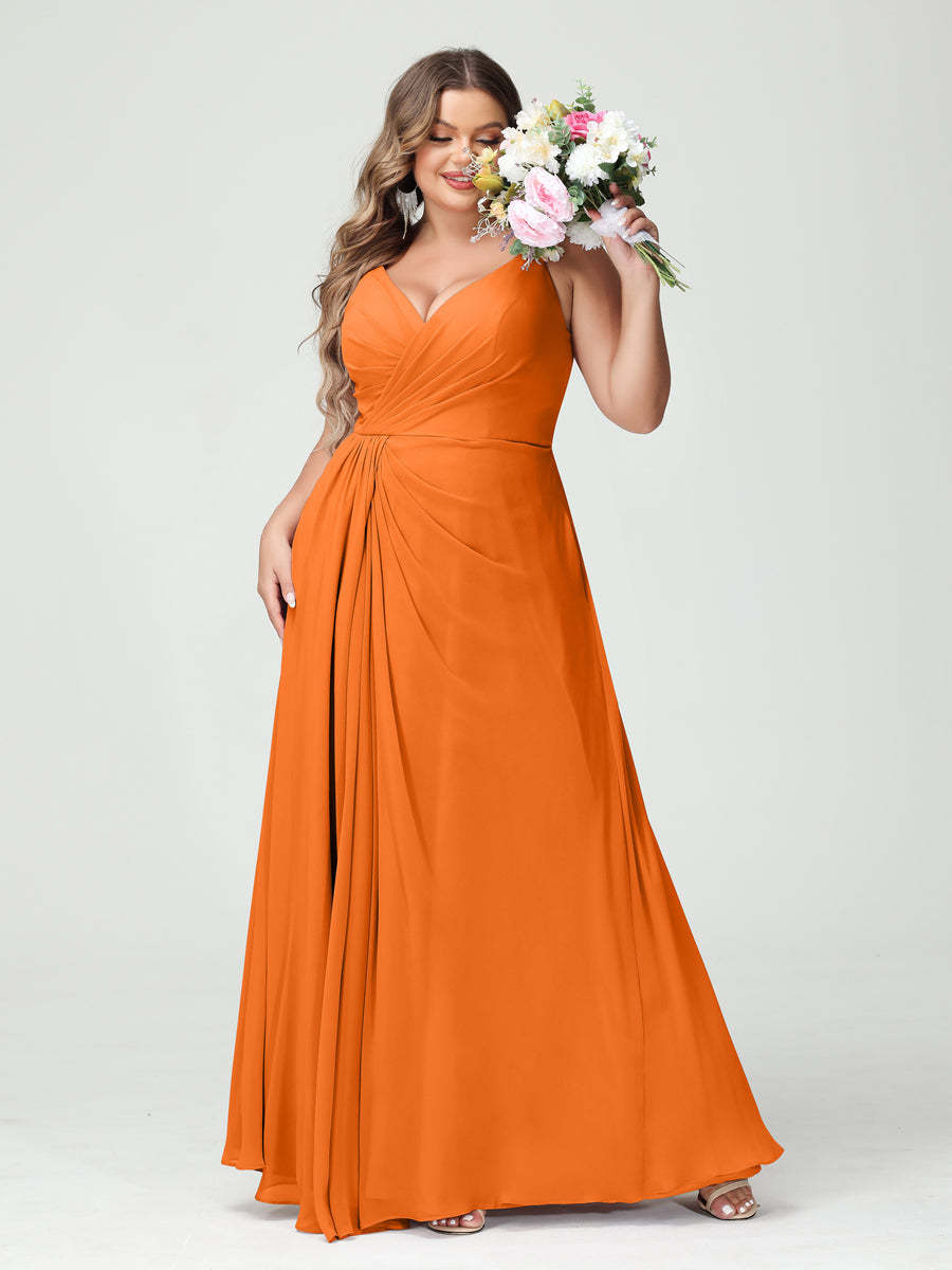 Plus Size Chiffon Bridesmaid Dress with Spaghetti Straps, A-Line Princess Cut, Sleeveless with Pockets and Side Split-BMbridal.UK