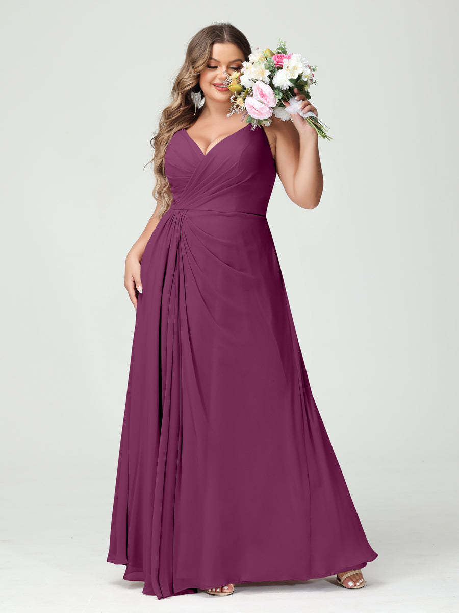 Plus Size Chiffon Bridesmaid Dress with Spaghetti Straps, A-Line Princess Cut, Sleeveless with Pockets and Side Split-BMbridal.UK